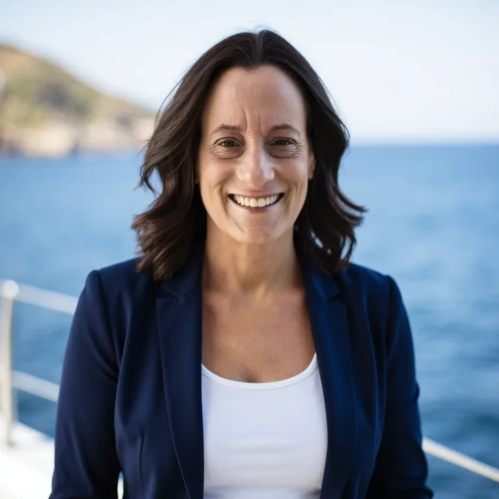 Cindy Costley in a navy blazer by the ocean