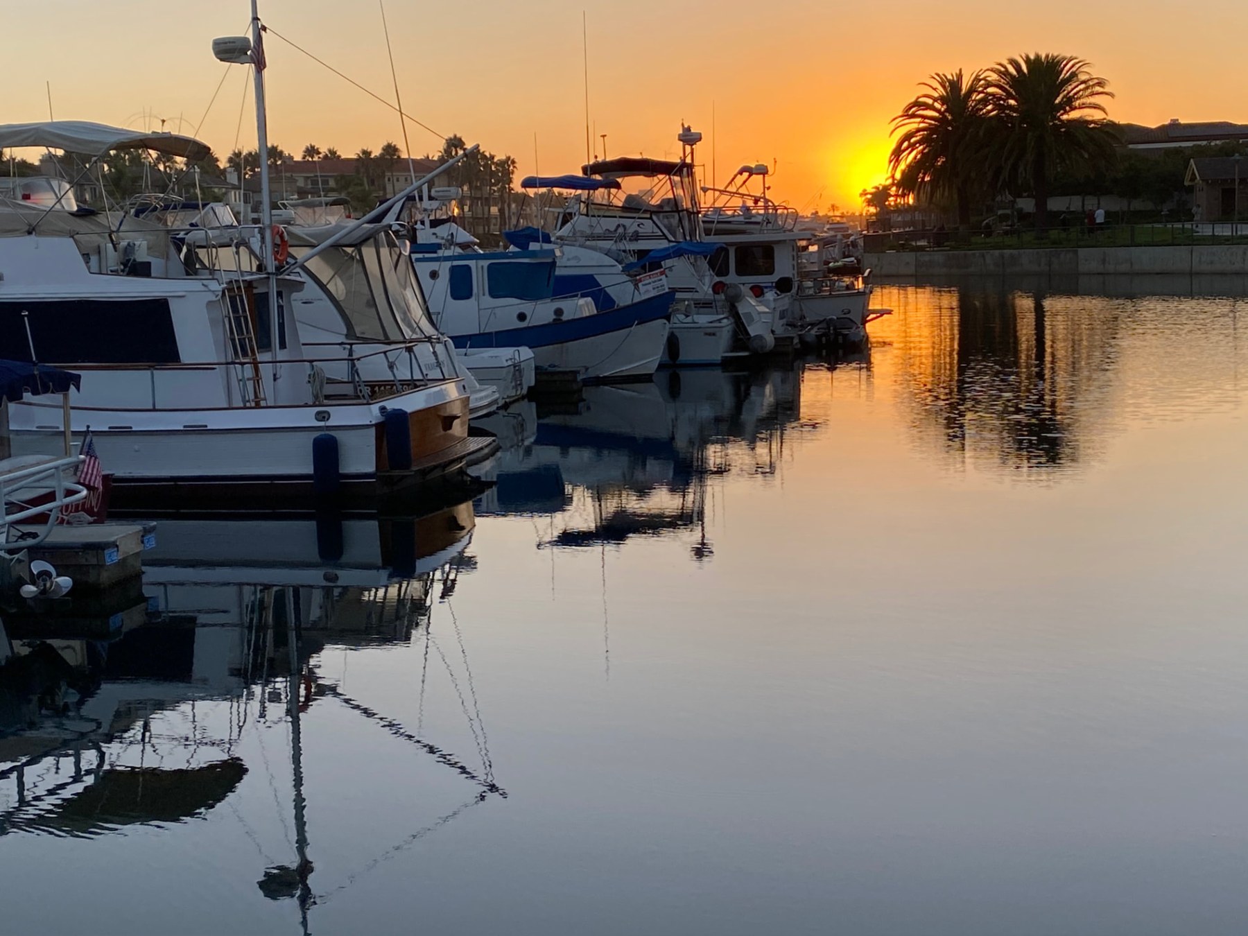 Boats moored in a quiet harbor at sunset, with golden light and reflections across the water.